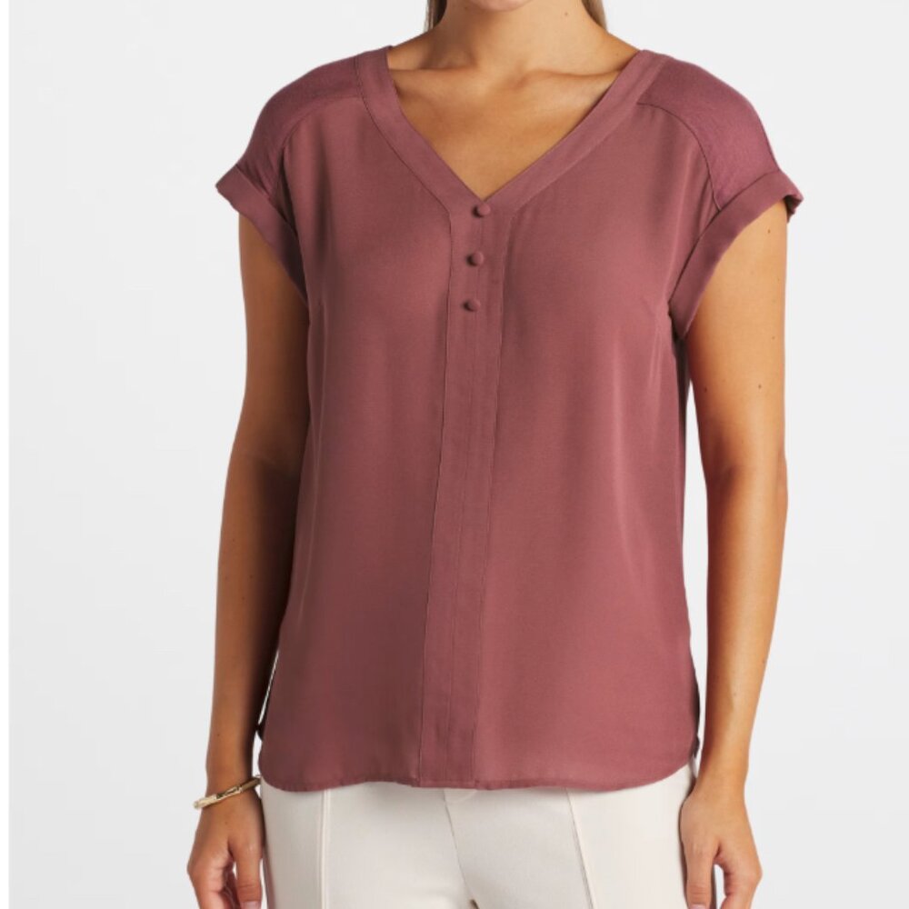 Fortune + Ivy Mauve Pink Mixed Media Blouse | Business Casual Office Top Medium